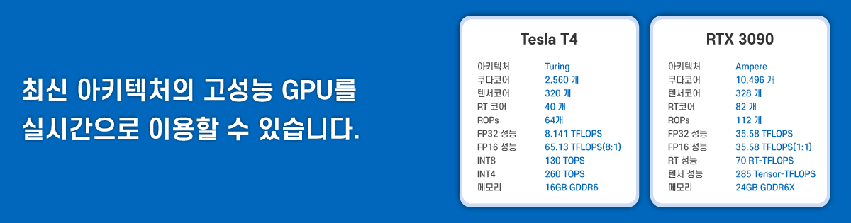 최신 아키텍처의 고성능 GPU를 실시간으로 이용할 수 있습니다
